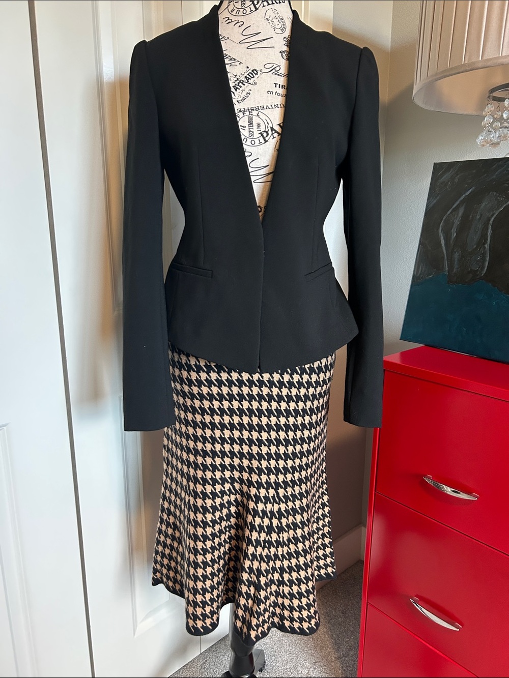 Classic Houndstooth Flared Midi Skirt - Black and Tan